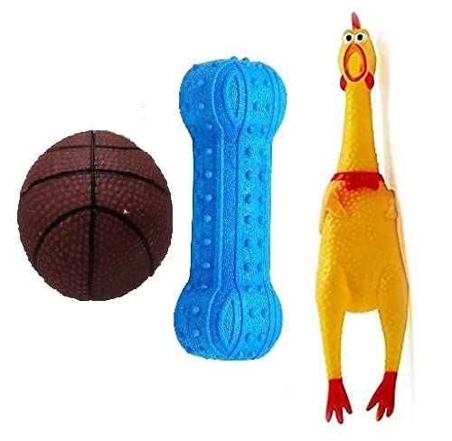 PSK PET MART Dog & Puppy Rubber Chew Toys Combo - Brown Ball, Silicon Dumbbell, Squeaky Chicken - Medium Colour May Very (B0BFFJH7FK) Amazon Price History, Amazon Price Tracker