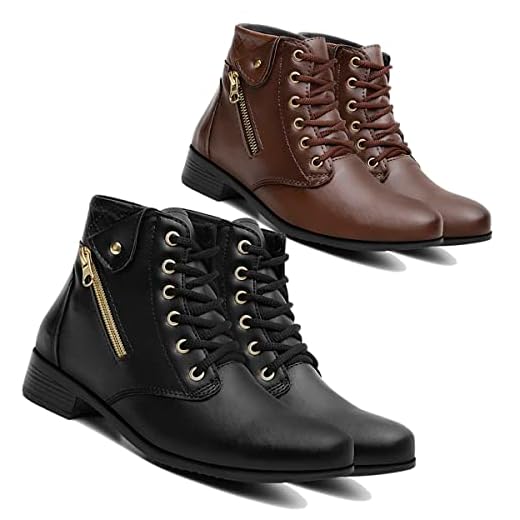 Kit 2 Botas Bota Feminina Cano Curto Botinha Dia a Dia - Preto/Marrom -34