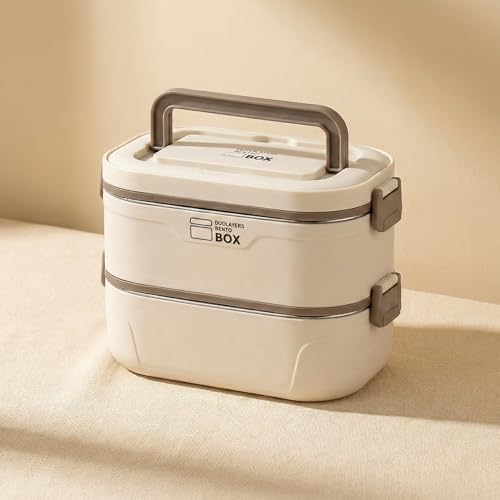 Image of Lunch Box for Office & School, Leakproof Double-Layer 304 Stainless Steel Bento Lunch Box with Removable Inner Tray, Microwave Safe, 1600ML, Cream