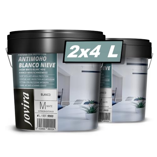 JOVIRA PINTURAS Pintura con Protector Antimoho, Blanco Nieve. Pintura mate de buena cubrición y blancura (2x4 Litros) A-9