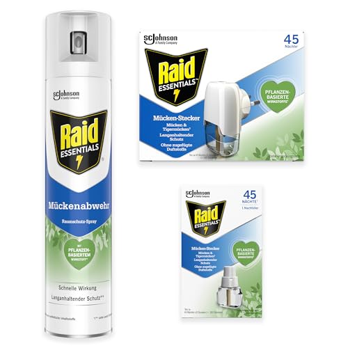 Raid Essentials Trio-Bundle gegen Mücken für Innenräume, inkl. Mückenabwehr-Spray (300 ml), Mückenstecker 45 Nächte und Nachfüller (2 x 32 ml)