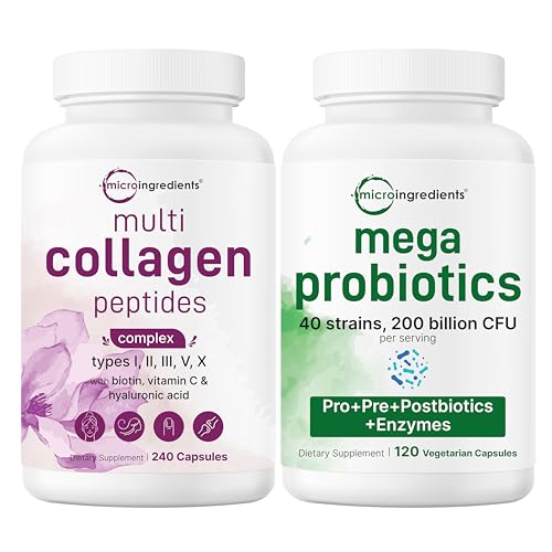 Micro Ingredients 8-in-1 Multi Collagen Pills & Mega Probiotics 200 Billion CFU Veggie Capsules | 2 Pack Bundle | Hydrolyzed Peptides + Hyaluronic Acid & Vitamin C | 40 Strains + Inulin & Br