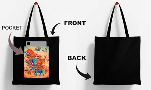 Image of ZORI Black Tote Bag With Pocket Printed Designed Canvas Tote Bags For Women large capacity,Tote bag For Shopping, College, Travel, More Canvas Handbag For Unisex Bag