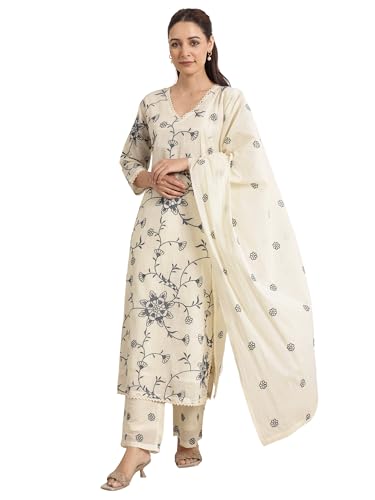 Image of Libas Embroidered Cotton Straight Kurta With Trouser and Dupatta