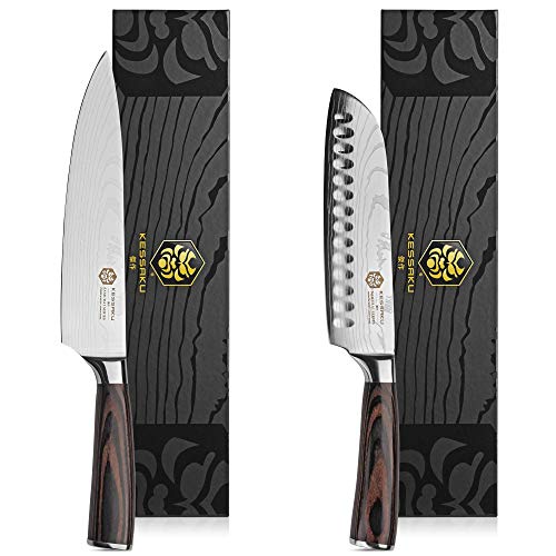 Kessaku 8-Inch Chef & 7-Inch Santoku Knife Set - Samurai Series - High Carbon 7Cr17MoV Stainless Steel with Blade Guards