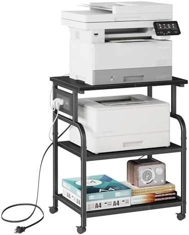 YAOHUOO 3 Tier Large Printer Stand with Power Outlet/Adjustable Storage Shelf, Rolling Cart with Wheels, Printer Table for Home Office 3D Printer/Heat Press/Laster, 22"×15" Black
