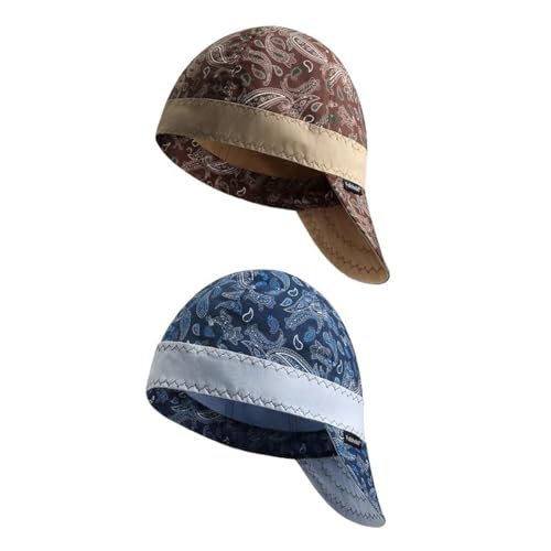 Image of Fullsheild Reversible Welding Cap Flame Resistant CAT 2 Protective FR Welder Hats 6 Pannel Lightweight Printed for Men Women Paisley Blue & Brown-2pcs 7 1/4