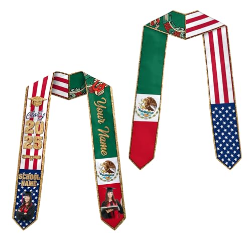 MonkeyVan Personalized Mexican Graduation Sash, Mexican American Flag Graduation Stole Graduation Stole Class Of 2025 Mexico Mxc 10