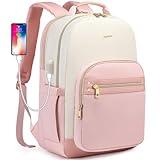 Laptop Backpack Women Work Bags - 15.6 inch Travel Backpack with USB Charger College Bookbag Waterproof Business Computer Backpack Anti-theft Casual Work Backpacks for Women Nurse Teacher Beige-Pink
