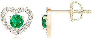 Angara Natural Solitaire Emerald Open Heart Studs with Diamonds in 14K Solid Gold for Women | May Birthstone Jewellery