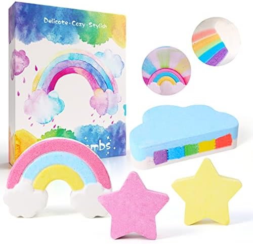Rainbow Bath Bombs for Kids, Handmade Essential Oil Bath Bombs for Kids Women, Bubble Bathbombs Set of 4 Large Cloud & Star, Kids Bath Bombs Kit Valentines Day Gifts Birthday Gifts for Girls Boys