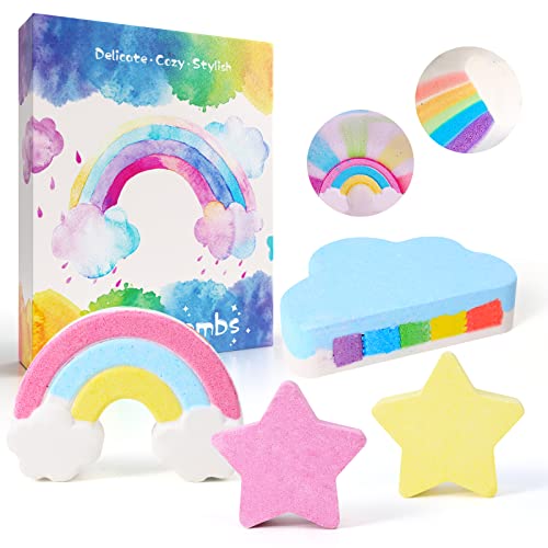 Rainbow Bath Bombs For Kids, Handmade Essential Oil Bath Bombs For Kids Women, Bubble Bathbombs Set Of 4 Large Cloud & Star, Kids Bath Bombs Kit Valentines Day Gifts Birthday Gifts For Girls Boys #TOP7