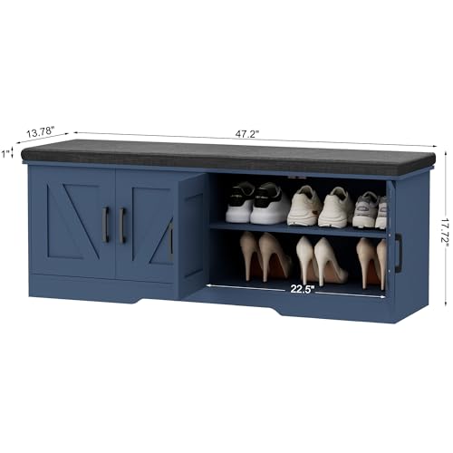 Image of HOMSHO Farmhouse Shoe Storage Bench with 4 Barn Doors & Padded Seat Cushion | 47.2 inch Wide Entryway Bench with Adjustable Shelves & Hidden Storage, Blue