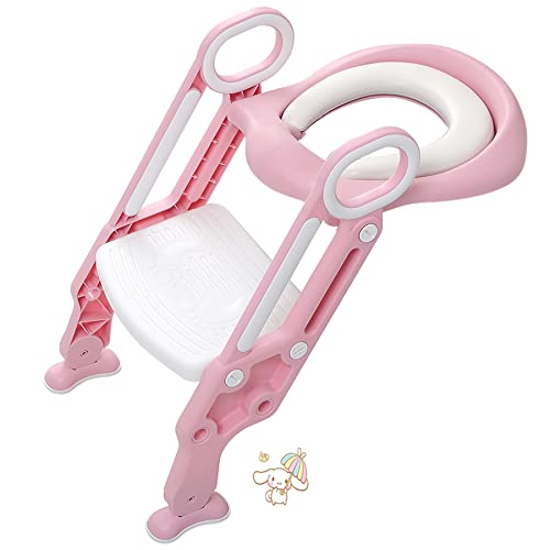 reducteur toilette enfant Siège de Toilette Enfant Reducteur de Toilette Pliable et Réglable Escalier Toilette Enfant avec Échelle Marche Réducteur de WC pour enfants 1-7 ans (poudre + blanc) Cover