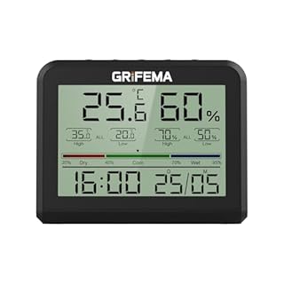 GRIFEMA GA2901B, Termometro Igrometro Digitale, Igrometro Umidità Casa con Retroilluminazione, Registrazione Max/Min, Orologio/Data, Ideale per Casa/Serra, Bianco, Nero