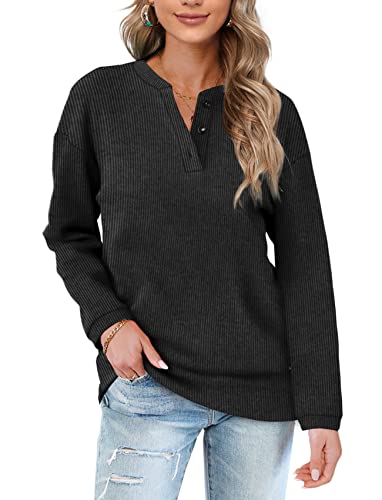 Tunic Sweatshirts For Women Button Henley Crewneck Women Sweater Solid Dark Grey XL