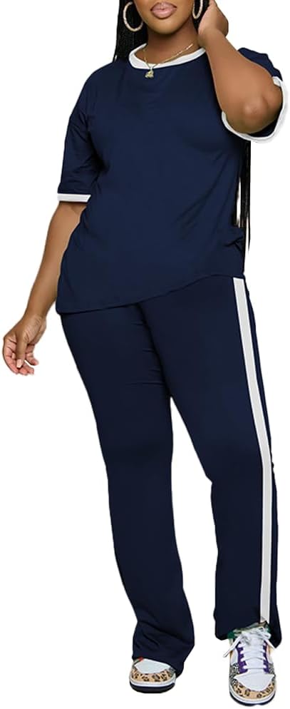 PINSV 2 Piece Sets for Women Summer Casual Short Sleeve Top and Flare Pants Lounge Sets - Image 3