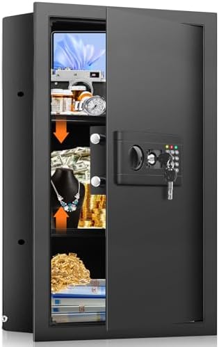25.6" Tall Fireproof Wall Safes Between the Studs 16" Centers, Heavy Duty Wall Safe with 2 Removable Shelf & Hidden Tray, Hidden Wall Mount Safe for Firearms, Money, Jewelry, Passport