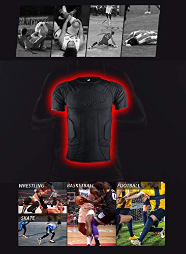 Men's Padded Compression Shirt Protective Short Sleeve T Shirt Rib Chest Protector for Football Baseball Soccer Basketball Bike Rugby Paintball Snowboard Ski Volleyball Training-Adult Black - Thumbnail 5