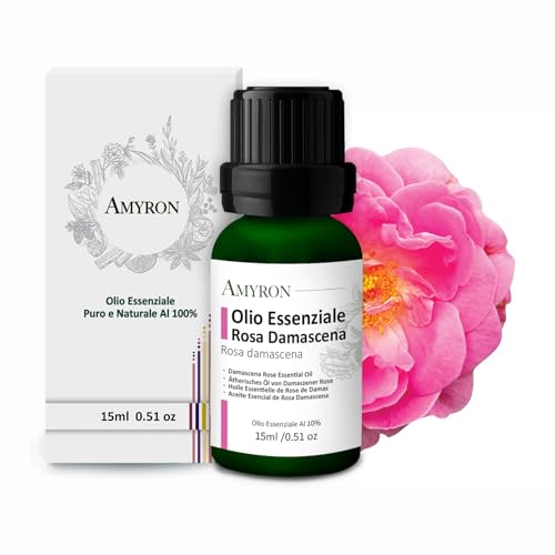 Olio Essenziale Rosa Damascena AMYRON al 10% | Diluito Con olio di jojoba 15ml Naturale Al 100% Ideale Per Aromaterapia E Diffusore Oli Essenziali | Massaggi aromatici | Uso Topico.