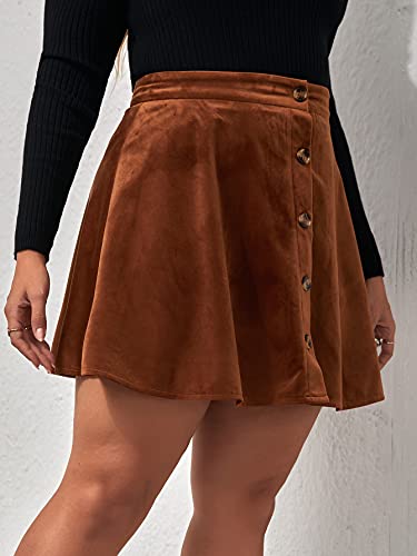 Romwe Women's Plus Size Velvet Button Front Flared A Line Skater Short Skirt Rust Brown 2Xl #TOP4