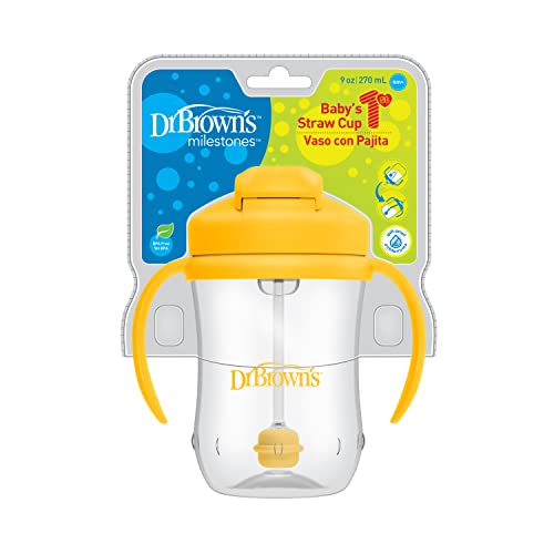 Dr. Brown's Milestones Baby's First Straw Cup, Training Cup with Weighted Straw, 9 oz/270 mL, BPA-free, 6m+, Coral/Olive Green/Vintage Yellow, 3-Pack - image 6