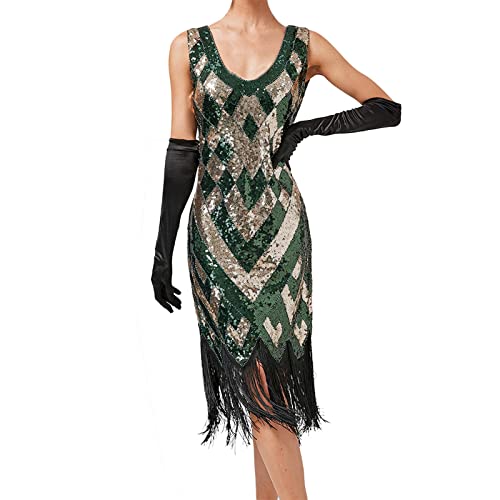 Robe Vintage Femme Années 1920 aux Finitions Perlées Haut de Gamme et Paillettes Vertes L