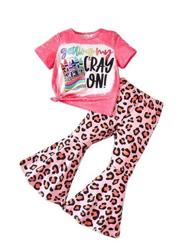 Image of Ayzozuy Kids Toddler Girl Clothes Letter Print Graphic Top + Leopard Print Flare Leg Pants 2PC Summer Clothing Set