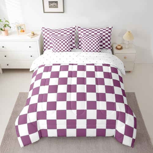 Image of Erosebridal Girls Purple Checkered Twin Bedding Set 7 Piece White Lavender Buffalo Plaid Grid Comforter Set with Sheets Checkerboard Bed in A Bag for Kids Teen Women Geometrical Gingham Bed Set