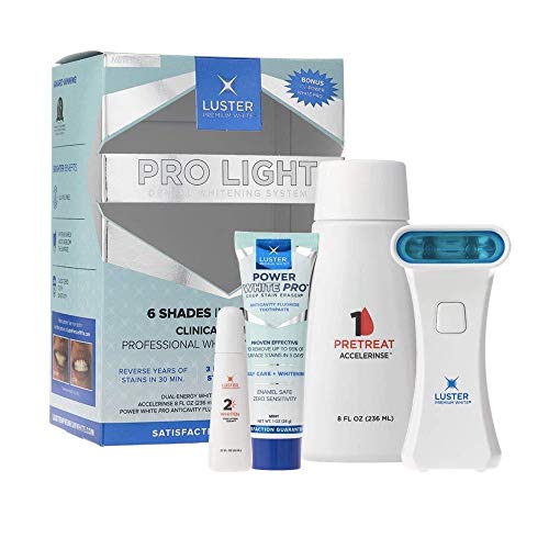 LUSTER PREMIUM WHITE, Pearl Infused Pro Light Teeth Whitening System by Fast Whitening with Light Serum Rinse Toothpaste 4Piece, Blue
