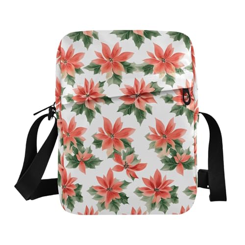 Crossbody Bag Christmas Poinsettia Flowers Holly Leaves Messenger Bag for Women Men Purse Shoulder Bag Satchel Bag with Adjustable Strap 214B8057 - Main Image