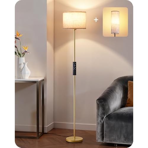 EDISHINE Modern Floor Lamp with 2 Shades, Adjustable Brightness & Color Temperature, Remote Control, Minimalist Standing Lamp, E26, A19 Bulb Included, Dimmable for Living Room, Bedroom, Gold