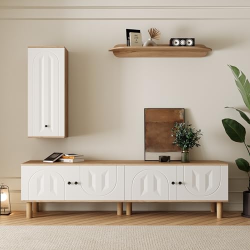 Merax Wohnwand 3-teilig, mit Highboard Lowboard und Wandboard, Modernes TV-Wandmöbel mit viel Stauraum, Massivholzbeinen, für Wohnzimmer, einfache Montage, Weiß und Holzoptik Merax Wohnwand 3-teilig, mit Highboard Lowboard und Wandboard, Modernes TV-Wandmöbel mit viel Stauraum, Massivholzbeinen, für Wohnzimmer, einfache Montage, Weiß und Holzoptik