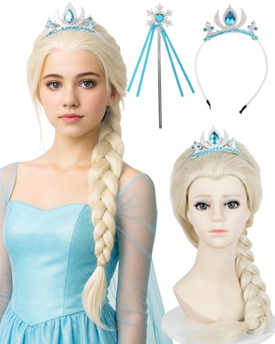 Wiggy Mermaid White Blonde Braided Wig with Crown Wand 19.69'' Long Platinum Blonde Princess Wigs + Cap for Halloween Party Costume Cosplay