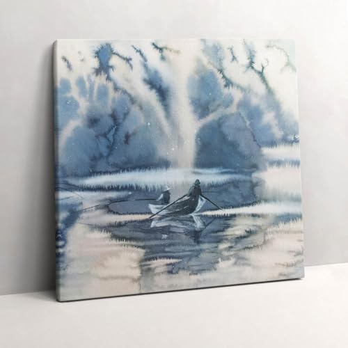 Toile 60x60cm lac et bateau d'hiver, décoration murale pour masquer un mur vide avec élégance