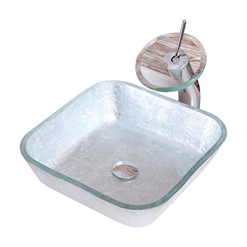 Elite Crystal Glass Square Artistic Silver Tempered Glass Bathroom Vessel Sink & Chrome Waterfall Faucet Combo #TOP3