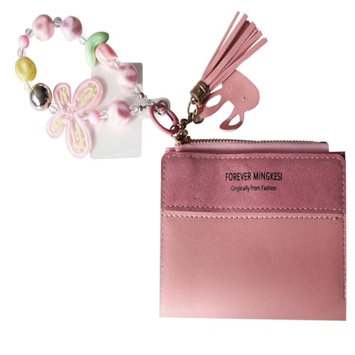 Key chain Wrist Wallet for Women, Pink Butterfly tulip Bead Bracelet Wallet for Ladies,Credit Card Holder Slim Wallets with Coin Pocket and Id Window -Perfect for Chiristmas/Birthday Gift