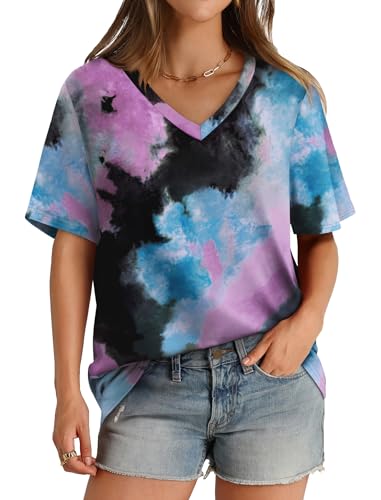 Aokosor Womens Summer Clothes Casual Short Sleeve V Neck Shirts Casual Loose Fit Tshirts Tie Dye Blue XL