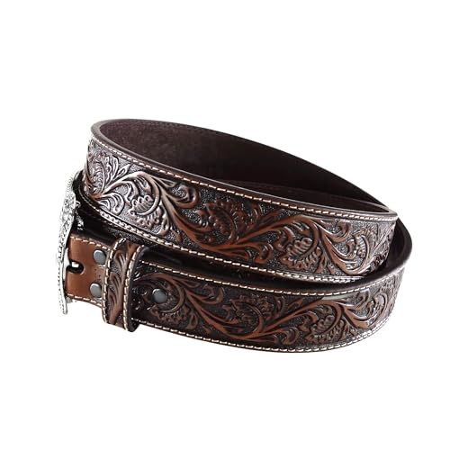 ARIAT Men's Floral Embossed Leather Belt with Antiqued Silver Cowboy Buckle4