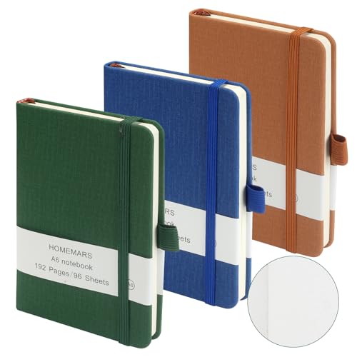 HOMEMARS libretas A6,Verde Azul Marrón, Notebook, Páginas Blancas, cuaderno pequeño, bloc de notas de 14,4 cm x 9,6 cm,192 páginas, cuaderno, cuaderno de bolsillo, diario de viaje,Paquete de 3