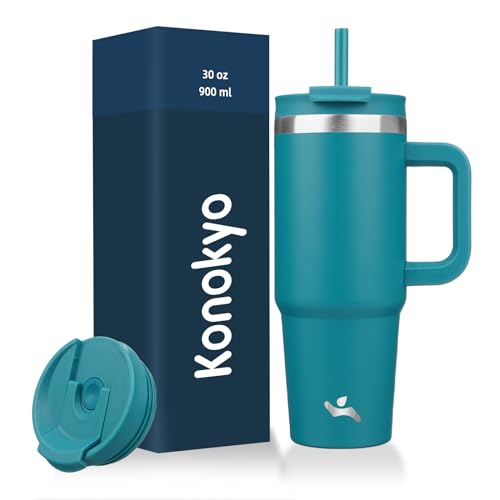 Image of Konokyo 30 oz Tumbler with Handle and 2 Straws,2 in 1 Lid Insulated Water Bottle Stainless Steel Travel Coffee Mug,Blue