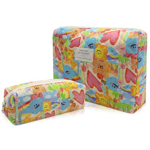 Gosect Floral Makeup Bag, Large Cosmetic Bag for Women Girls, Cute Cotton Make up Pouch, Quilted Makeup Bags, Flower Travel Toiletry Organizer Bag(Blue Floral)