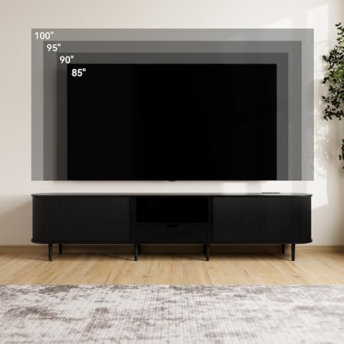Image of DHH 95.2 inch Fluted TV Stand with Power Outlet for TVs up to 100 inch, TV Console with Adjustable Shelves and Sliding Door,Mid Century Modern Entertainment Center for Living Room,Bedroom (Black)
