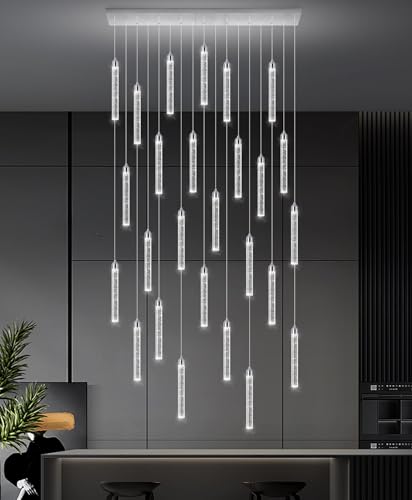 Image of Rectangular Chandeliers 26-Lights Long Light for Entryway LED Dimmable Chandeliers Lighting Fixture Flat Sloped High Ceiling Pendant Lights Crystal for Living Room Foyer Hallway Staircase Silver