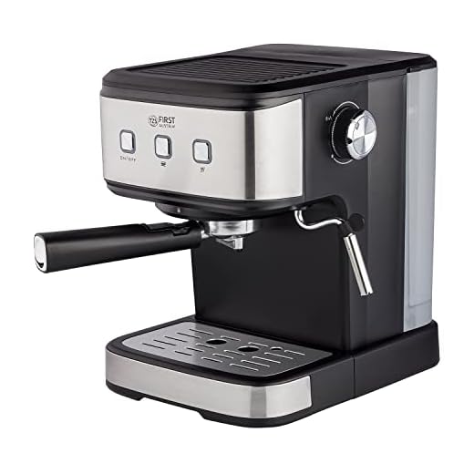 TZS First Austria Espresso Siebträgermaschine elektrisch, mit professionellem Milchschäumer, tauglich für Pads, 1,5 L Wassertank, inkl. 2-in-1 Messlöffel und Tamper, Edelstahl/Schwarz
