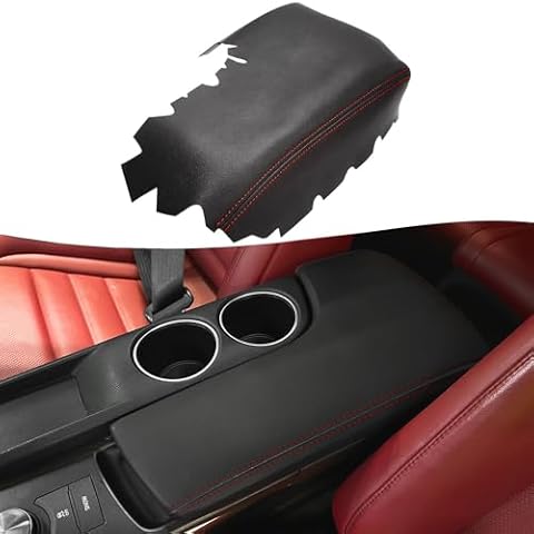 KBH Center Console Armrest Cover Replacement for Lexus IS200t IS250 IS300 IS350 2014 2015 2016 2017, Vinyl Leather Arm Rest Skin Upholstery, Black-Red Stitch Cover