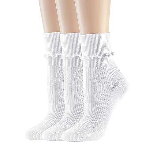 Image of UTTPLL Womens Cotton Crew Socks Ruffle Turn-Cuff Fashion Princess Lettuce Ankle Socks Athletic Thin Gift Dress Socks