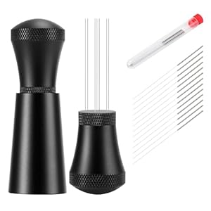 WDT Outil,Outils de Distribution d&rsquo;Espresso,Aluminium WDT Tool Espresso,avec support, avec 7 aiguilles à expresso 0,35 mm, noir mat, pour café expresso brassé barista (6 aiguilles de rechange)