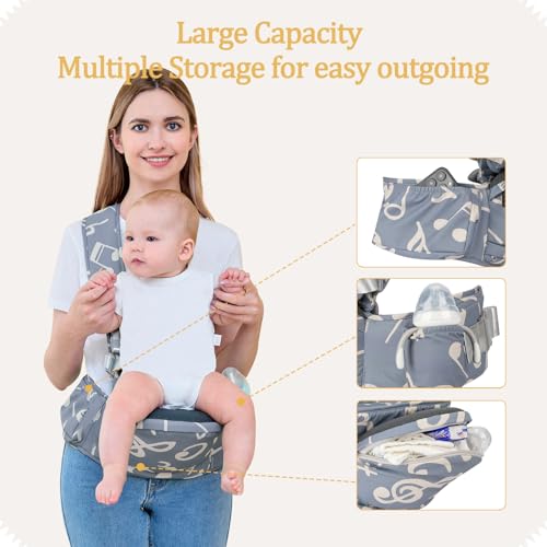 Baby Hip Seat Carrier Baby Waist Stool for Child Infant Toddler with Adjustable Strap Buckle Pocket Soft Inner Huge Storage,Dark Grey - Thumbnail 3