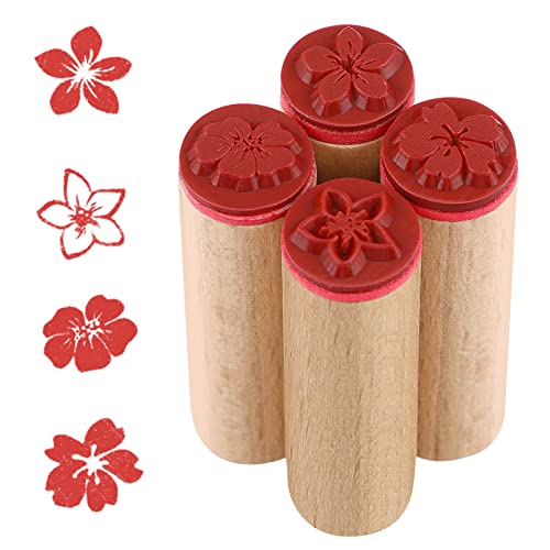 4 Pcs Round Wood Rubber Stamp Floral Pattern Rubber Stamp Wooden for Scrapbooking and DIY Craft Card